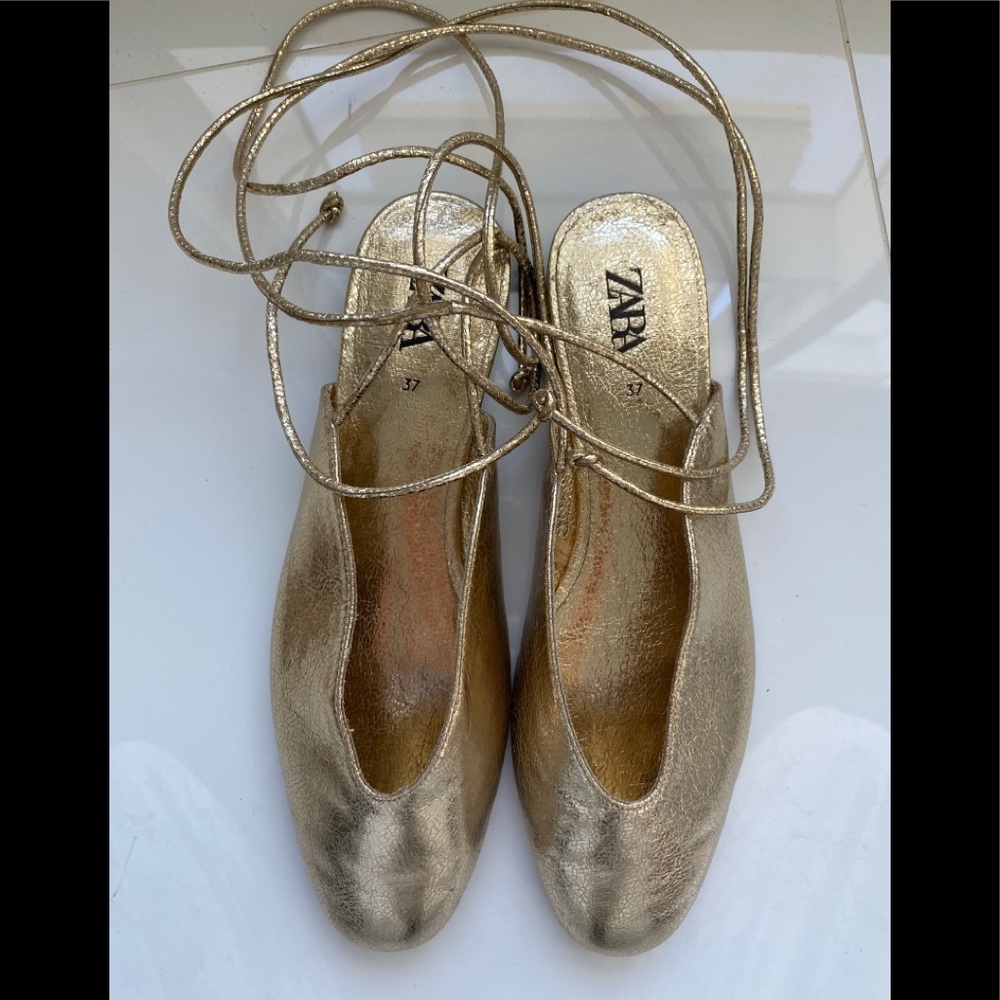Zara Metallic Gold Lace-Up Flats